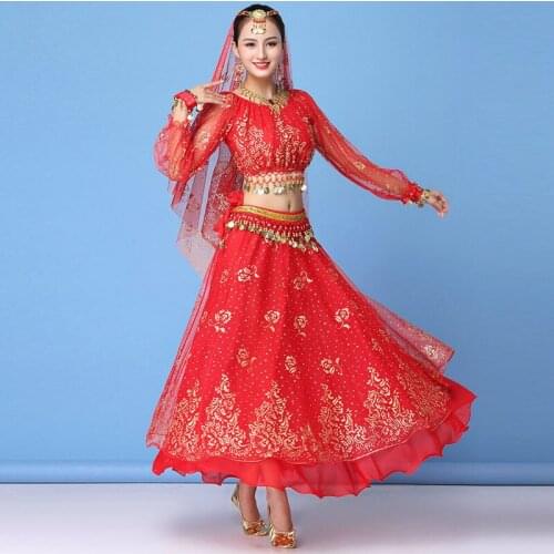 Bollywood Dance Costume Professional Belly Dance Costumes For Women Bellydance Costumes 5-pcs(Veil Headpiece Top Belt Skirt)