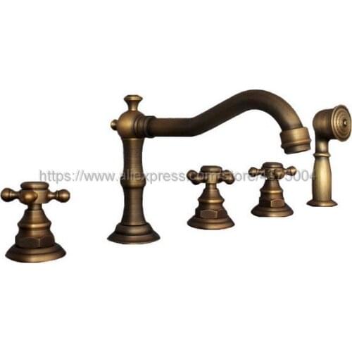 Antique Brass 5pcs Bathroom Tub Sink Faucet with Hand Shower Deck Mounted 5 Holes Three Cross Handles Bathtub Taps Ntf037
