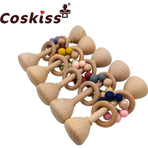 Coskiss 1pcs Baby Teether Toys Beech Wood Baby Rattle BPA Free Rodent Silicone Beads Rattle Newborn Play Gym Educational Toys