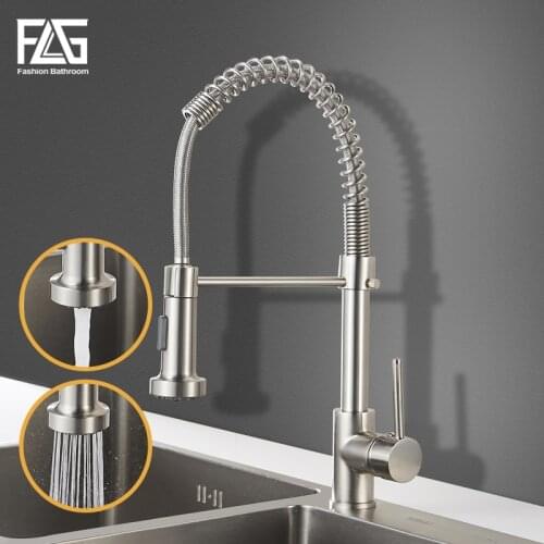 FLG Kitchen Faucets Brush Brass pull out kitchen faucet Sink Single Lever Pull Out spray Mixers Tap Hot Cold Water Crane 9009