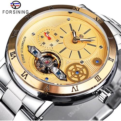 Forsining Golden Dial Mens Mechanical Watches Hollow Automatic Tourbillon Watch Stainless Steel Wristwatches Relogio Masculino