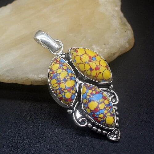 Hermosa Jewelry Antique Beautiful Mosaic Jasper Silver Color Charm Necklace Pendant for Women Gifts 52mm FQ37