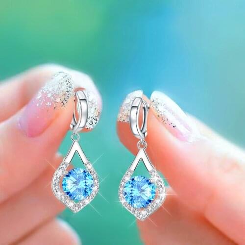 Dainty Female Blue Pink Crystal Earrings Classic Silver Color Hoop Earrings Luxury Round Zircon Stone Wedding Earrings For Women