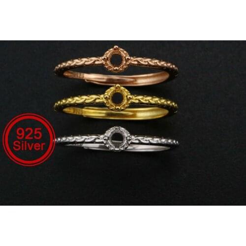 3MM Round Prong Ring Settings Twisted Band Solid 925 Sterling Silver Rose Gold Plated DIY Set Size Adjustable Ring Bezel 1210097