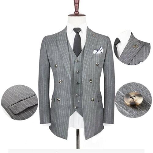 3-piece Handsome Pinstripe Grey Mens Suit New Fashion Groom Suit Wedding Suits For Best Men Slim Fit Groom Tuxedos For Man