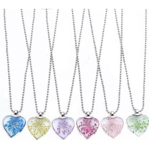 Colorful Women Creative Handmade Dry Dry Flower Necklace jewelry Fashion Heart ShapeTransparent Glass Pendant Necklace Gift