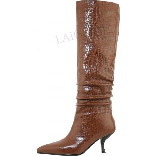 LAIGZEM Top Women Knee Boots Genuine Leather Sloutch Boots Spike Mid Heels Ladies Dress Black Brown 2021 Shoes Woman Size 38 39