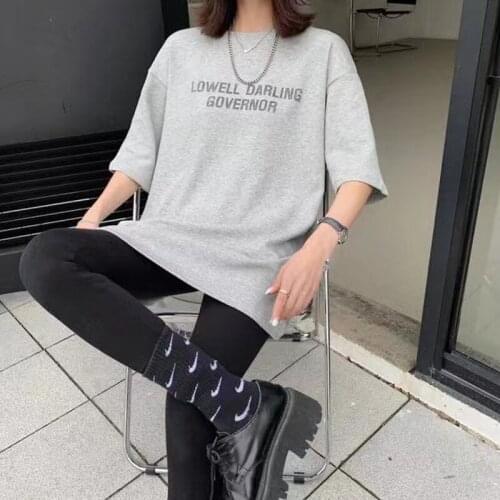 2021Summer Womens Loose-Fit CartoonsT-Shirt Crew Neck Thick Versatile Mid-Length letter Tops summer plus size