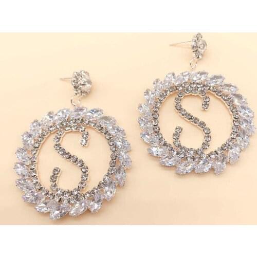Fashion luxury Rhinestone temperament womens Earrings shiny crystal zircon large letter S Earrings birthday party jewelry gifts