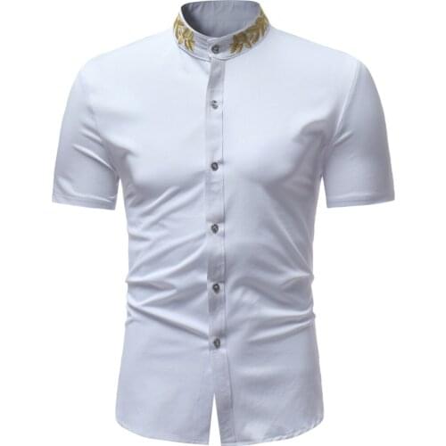 Gold Embroidery Dress Shirt Men 2020 Brand New Mandarin Collar Slim Fit Chemise Homme Casual Short Sleeve Men Social Shirt White