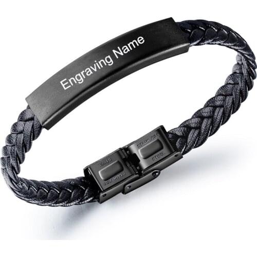 Costom Engraved Vintage Black Stainless Steel Engrave Name Mens Bracelet Simple Smooth Leather Male Accessories