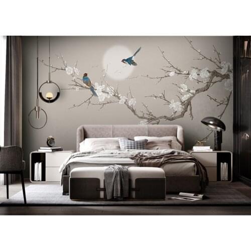 Customized 3d light luxury retro new Chinese hand-painted flower and bird plum blossom mural for living room bedroom office hand