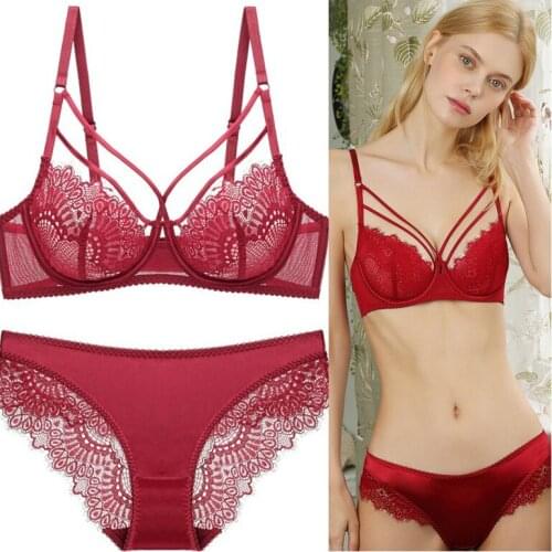 New Sexy Lace Pink Bra Women Set Big Chest Looks Smaller Underwear Breathable No Sponge Sheer See Through Push Up Lingerie Set