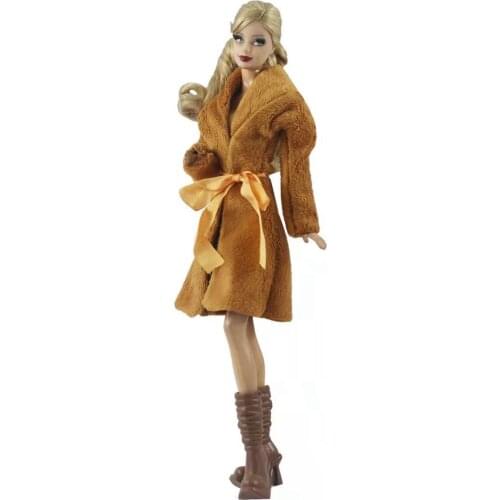 1/6 BJD Doll Clothes Winter Outfits Coat Jacket Dress Footwear Shoes for Barbie Elegant Light Brown Parka Boots Accessories Toy