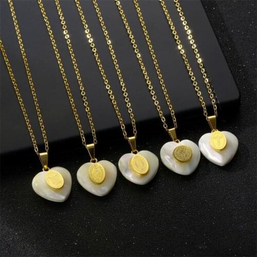 Stainless Steel Catholic Saint Pendant Necklace Gold Color Natural Shell San Benito Collares For Men and Women Jewelry