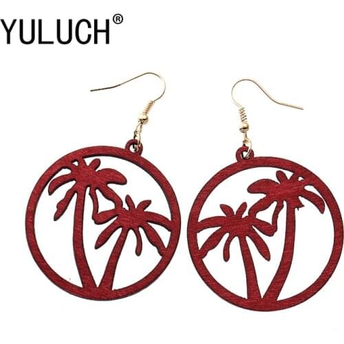 YULUCH 4 Color Natural Wood Pierced Coconut Tree Earrings For Woman Art Green Retro Girl Jewelry Party Birthday Gift