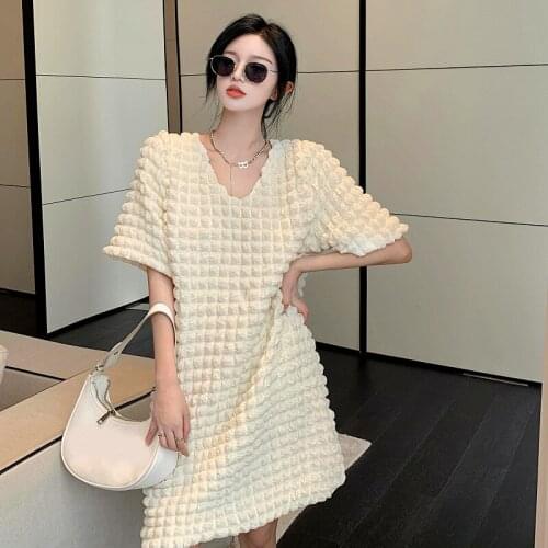 Girls Sexy V-neck Bubble Sleeve Waffle Dress Womens Summer Loose Straight Tube Dress Holiday Party Soft Cool Dress