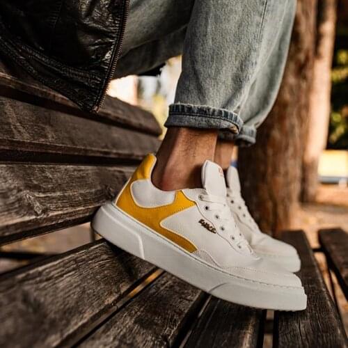 Knack Casual Male Shoes White Yellow Color Spring/Summer Seasons Lace-Up Faux Leather Plated Trendy Stylish Shoes R10