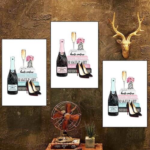 Romantic Fashion Pink Teal Champagne Poster Print Book Wall Art Picture High Heels Canvas Painting For Bar Club Home Mural Decor