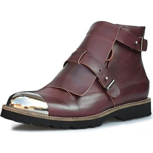 Punk Ankle Boots Metal Toe Fashion Cow Genuine Leather Zipper Mens Shoes Male Sapato Masculino Couro Large Size Round Toe Black