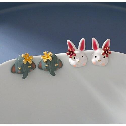 Cute Lovely Bunny Earring 2021 New Summer Women Simple Elegant Animal Elephant Rabbit Flower Stud Ear Jewelry Female Girl Gift
