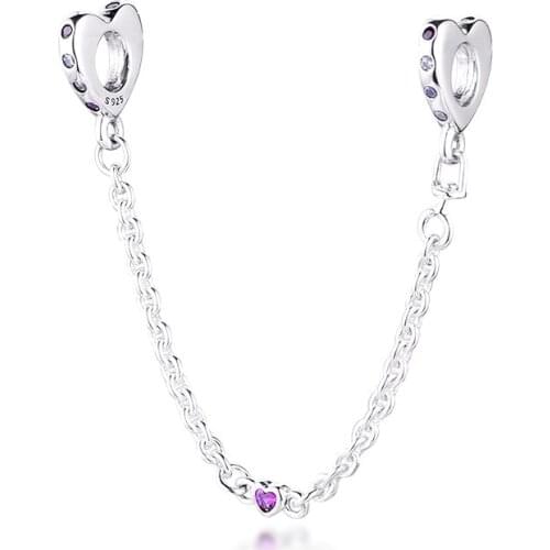 Charms 925 Silver Original Fit Pandora Bracelets Sterling Bright Hearts Safety Chain Charm Beads for Women diy Jewelry Making