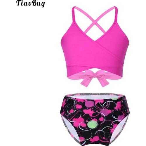 TiaoBug Summer 2Pcs Kids Girls Print Swimsuit Spaghetti Strap Wrapped V Neck Self-Tie Crop Top Bikini Bottom Bathing Swimwear