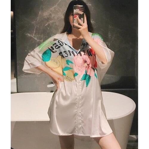 Womens Satin Sleepshirts White Casual Summer New Nightgown Spring Autumn Fashion Print Home Dress Turn-down Collar Sleepwear