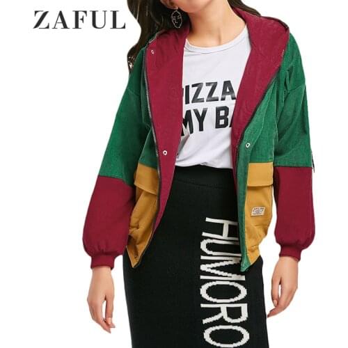 ZAFUL Women Jackets Hooded Color Block Corduroy Jacket Autumn Winter Warm Zipper Loose Coat Casual Streetwear Tops
