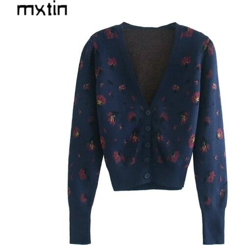 2021 Winter Fashion Floral Print Cardigan Knitted Sweater Women Vintage V Neck Long Sleeve Female Elegant Casual Outerwear Tops