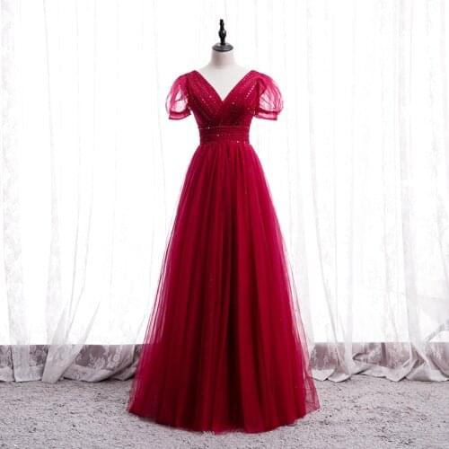 Bespoke Occasion Dresses Illusion V-neck Short Beading Sequined Pleat Luxury Burgundy Backless Women Formal Evening Gown HB233