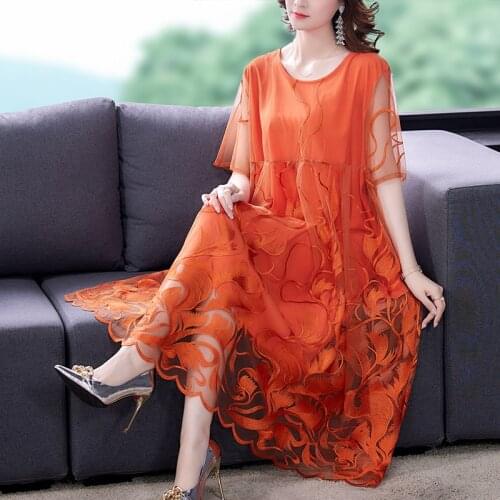 High Street Mulberry Silk Floral Embroidery Midi Dress Summer Casual Vintage Loose Beach Dress 2021 Women Elegant Party Vestidos