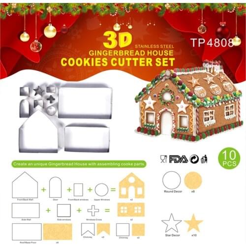 10 Pieces Set Stainless Steel Biscuit Model Christmas Stainless Steel 3D Cookie Gingerbread House Cookie Mold Cookie Stamp