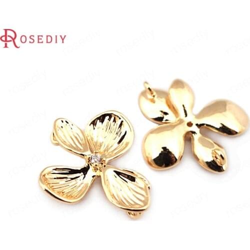 33680)6PCS 18*17MM 24K Gold Color Brass with Zircon Flower Charms Pendants High Quality Diy Jewelry Findings Accessories