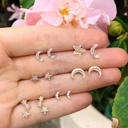 6 Pairs Vintage Bohemian Mix Little Stars Moon Crystal Piercing Earrings for Women Trendy Small Ear Studs Cuff Earring Set
