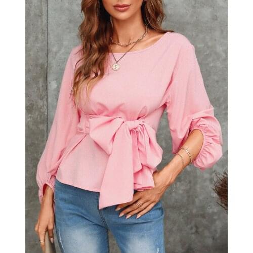 Womens Blouses Spring Autumn O-Neck Lantern Sleeve Solid Color Blouse Bow Shirt Womens Clothing 2021 Causal Blusas Femme Tops