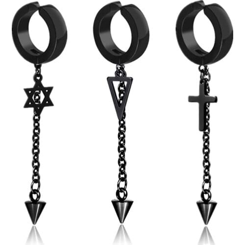 Punk Black Drop Earrings For Men Stainless Steel Triangular Cone Pendant Chain Clip Earrings Jewelry Brincos Gift