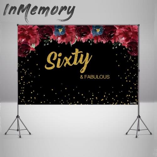 Flower theme Photography Background Custom Black and Gold Sixty Birthday Party Backdrop for Photo Studio 60th Party Photocall