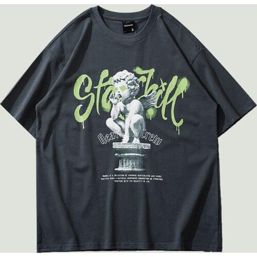 High Street Oversize T-shirt Mens Graffiti Letter Angel Boy Printed Short Sleeve Fashion Hip Hop Harajuku Cotton Couples Tees