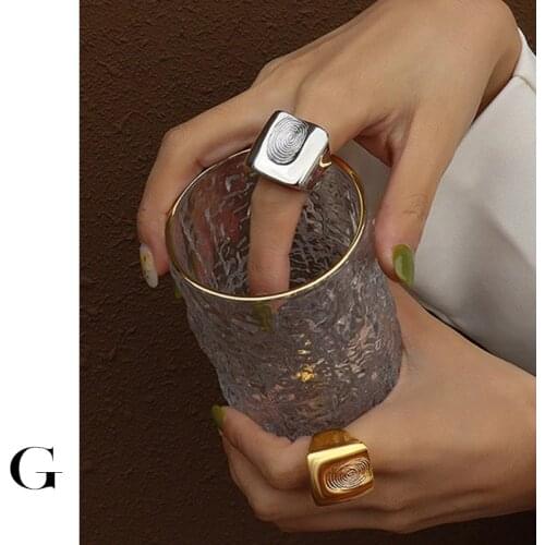 GHIDBK Street Style Gold Silver Color Chunky Statement Fingerprint Textured Thick Wide Rings Hyperbole Stainless Steel Jewelry