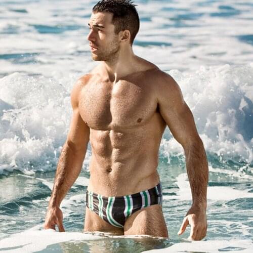 A236 Austinbem New Stripe Mens Swimwear Swimsuits Swimming Boxer Shorts Surf Board Shorts Trunks Sexy Men Swim Suits Sunga