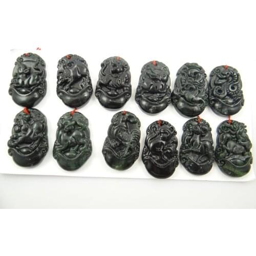 Natural stone Quartz Crystal Black Obsidian Avalokitesva Lucky 12 Zodiac Amulet Pendant for diy Jewelry making necklace A36