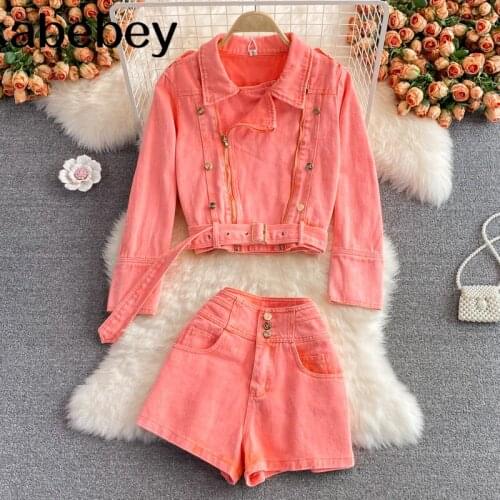 2021 New Spring Autumn Fashion turn down collar long sleeve short zipper denim Jacket + high waist wide leg Shorts two-piece set
