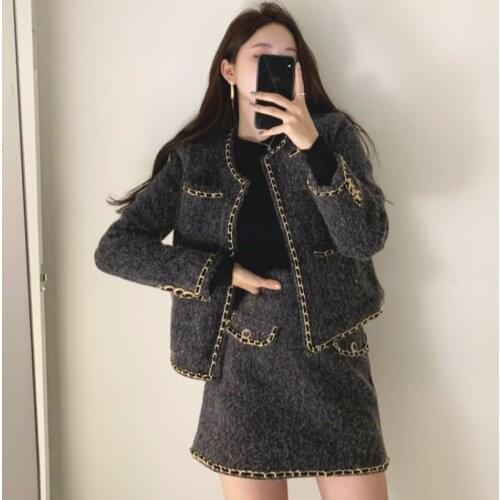Autumn Winter Sets Korea Fashion Temperament Slim High Waist Wrap Hip Skirt Mini O Neck Long Sleeve Hit Color Tweed Jacket Short