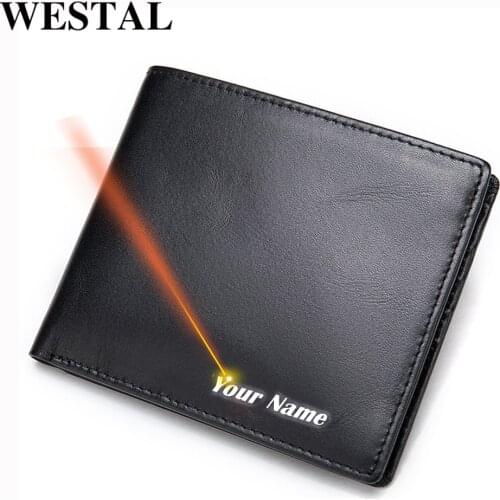 WESTAL mens genuine leather purse fashion desinger slim wallet RFID money bag for men card holder engrave name gifts bags 9061