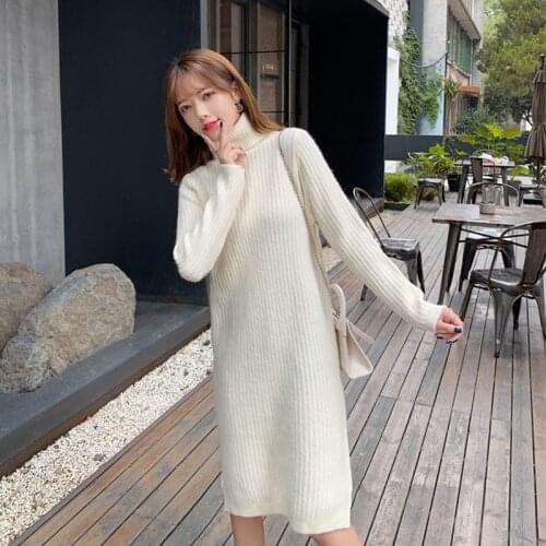 Autumn Winter Fashion Women Knitted Sweaters Dresses Plus Size Split Sweaters Dresses Solid Over-Knee Sweater Dress