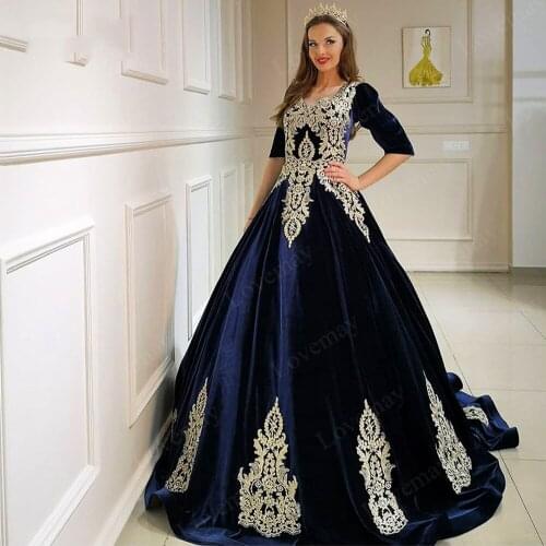 Navy Blue Caftan Evening Dresses Long Elegant Appliques Celebrity Dresses Evening Wear Turkish Couture вечернее платье Robes