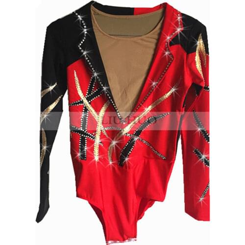 Boys men figure skating costumes Tops Figure skating show clothing Black and red Round neck long sleeve Stripe decoration