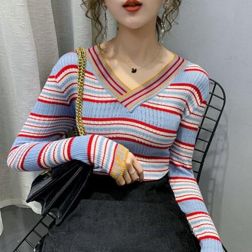 Spring Autumn Style Women Knitted Pullover Top Lady Casual V-Neck Striped Printed Knitted Sweater Pullover ZZ0947
