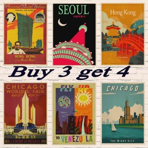 Chicago, Hong Kong, Venezuela and Seoul, Korea Travel poster Vintage Wall Pictures Kraft PostersHome Decor Gift